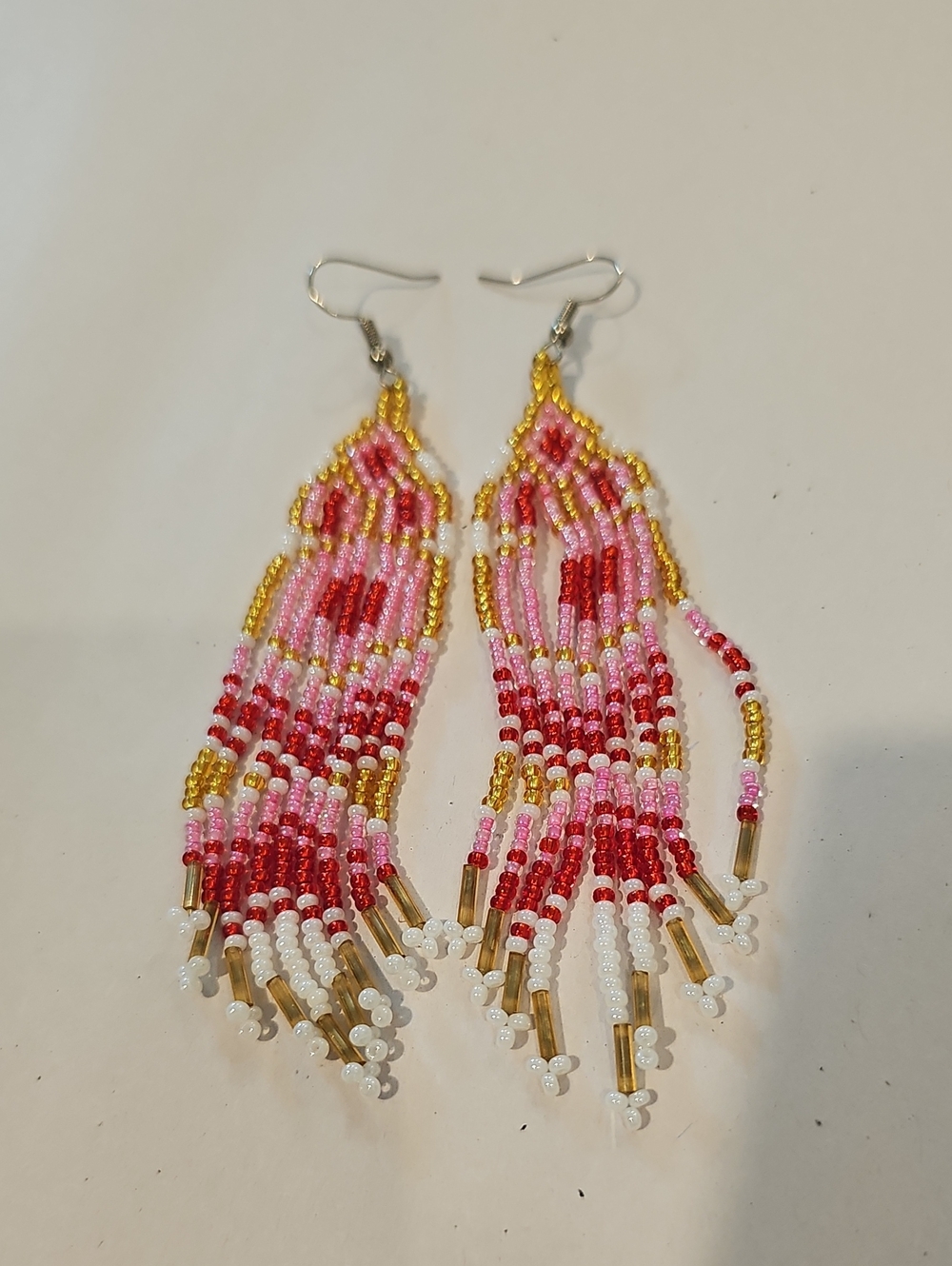 Gold-Accented Pink & Red Beaded Fringe Earrings - Picture 2 of 7
